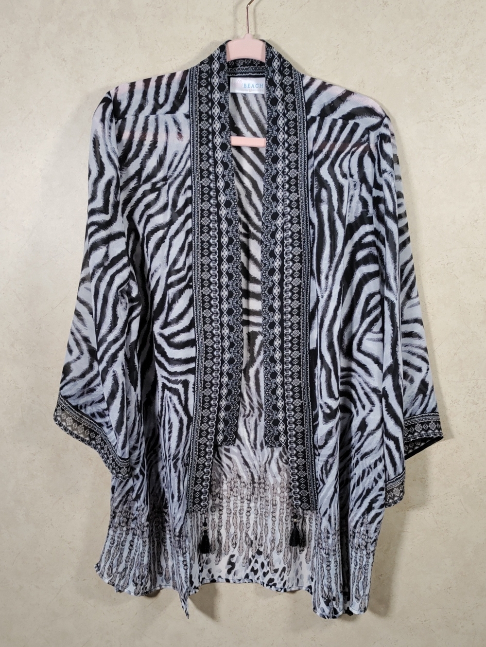 J199 Belle Beach Kim Gravel Zebra Print Sheer Kimono Jacket L NEW